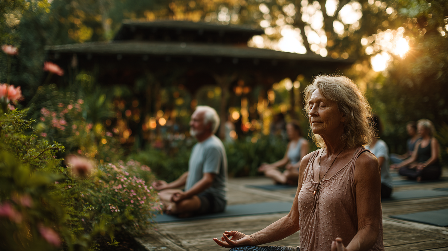 Група възрастни хора практикуват йога в спокойна обстановка